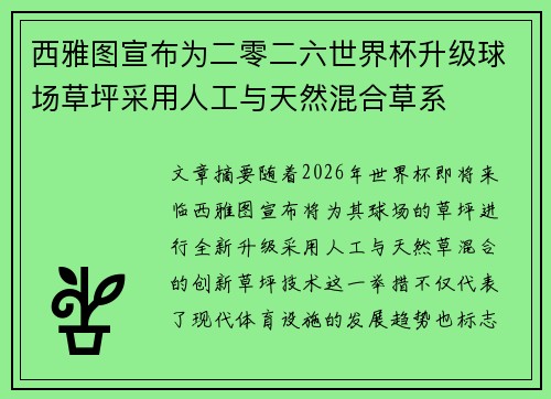 西雅图宣布为二零二六世界杯升级球场草坪采用人工与天然混合草系