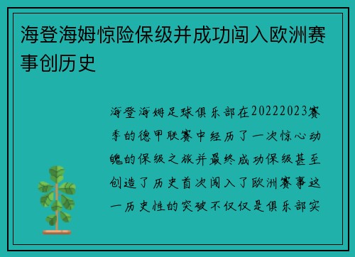 海登海姆惊险保级并成功闯入欧洲赛事创历史